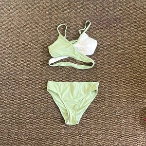 White and light green two piece swimsuit with light green shorts from Shein